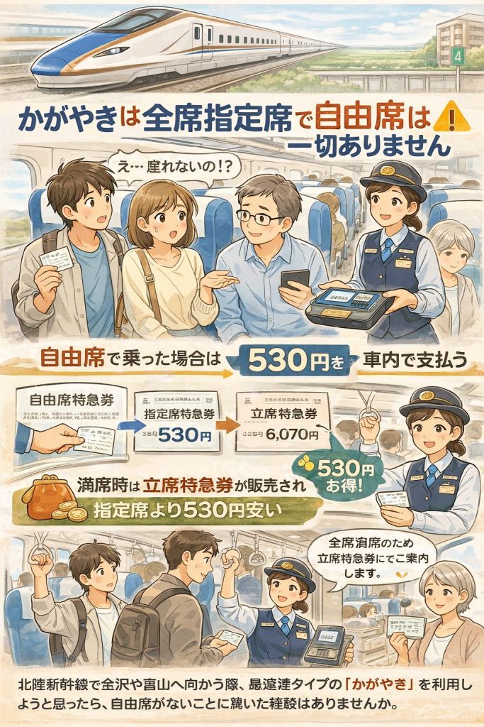 かがやきに自由席がない理由から、万が一自由席特急券で乗ってしまった場合の対処法、お得な乗車方法まで