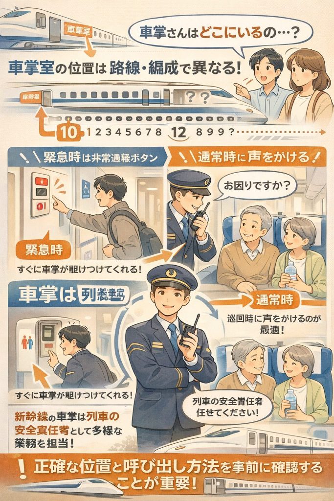 各路線の車掌室の正確な位置と効果的な呼び出し方法