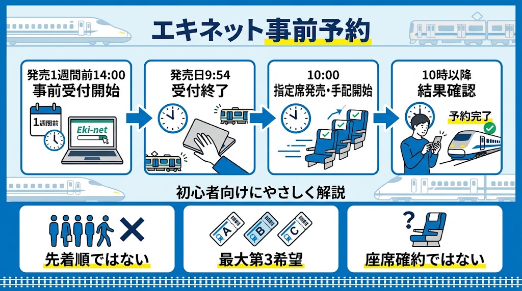 えきねっと事前受付の仕組みを初心者向けに説明する横長インフォグラフィック