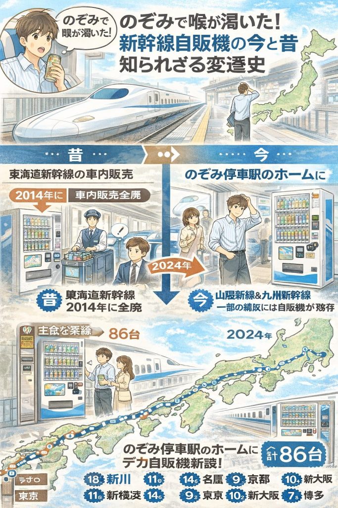のぞみで喉が渇いた！新幹線自販機の今と昔、知られざる変遷史