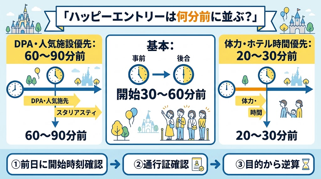 「ハッピーエントリーは何分前に並ぶ？」を一目で理解できる横長インフォグラフィック