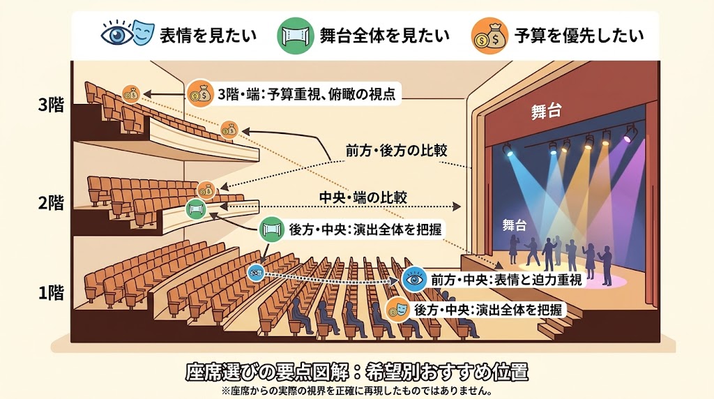 「表情を見たい」「舞台全体を見たい」「予算を優先したい」の三つの希望