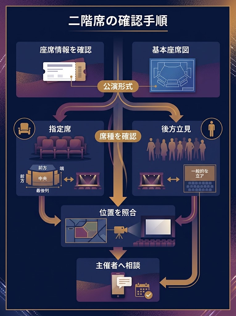 Zepp大阪ベイサイドの2階席について、チケット購入後に確認する流れを俯瞰する縦型フローチャート