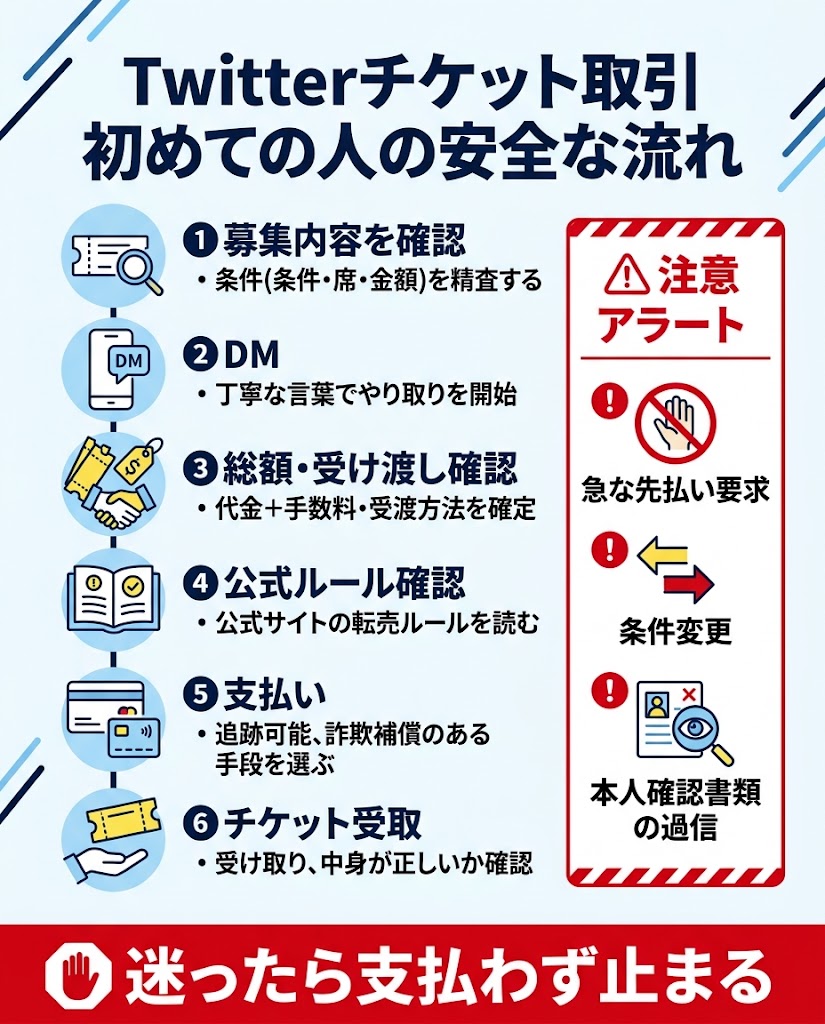 「Twitterチケット取引が初めての人の安全な流れ」を1枚で説明する日本語インフォグラフィック