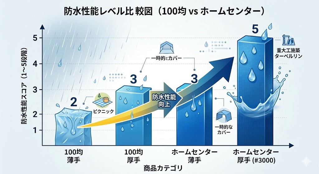 防水性能レベル比較図（100均 vs ホームセンター）