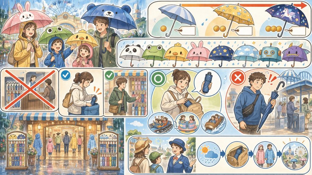 雨の日の遊園地と傘ガイド