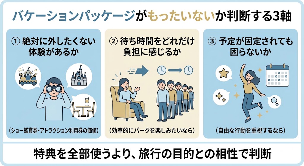 「バケーションパッケージがもったいないか判断する3軸」の日本語インフォグラフィック