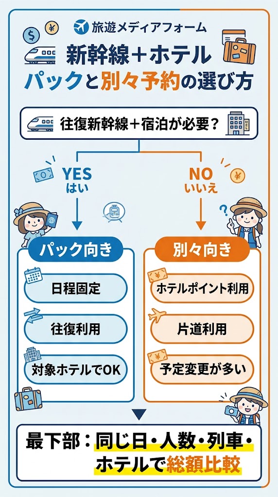 「新幹線＋ホテル パックと別々予約の選び方」を1枚で理解できる縦型図解