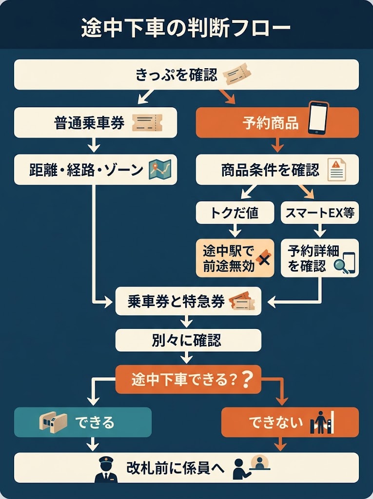 上部に「途中下車の判断フロー」を置き、その下に「きっぷを確認」を配置