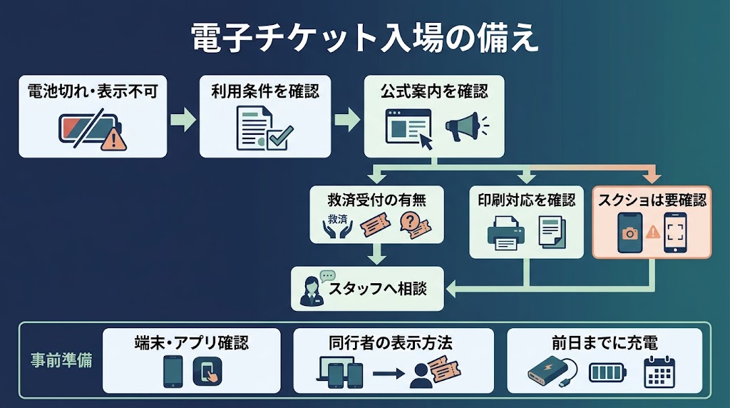 電子チケットの入場準備から当日の対応までを俯瞰できる、横長の判断フロー図